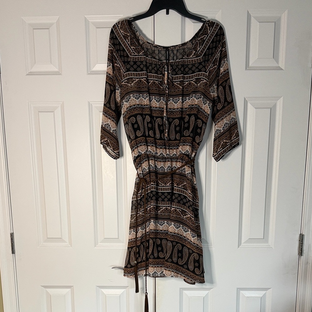 Massini Black and Brown Printed paisley tunic dress with belt ladies size M